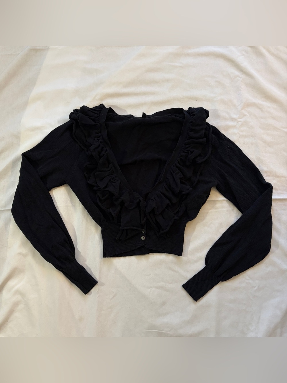 Ruffled V-Neck Cropped Button Cardigan